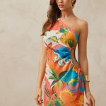 L'Amorae Tropical Print One Shoulder Side Cut Out Summer Vacation Mini Sun Dress