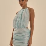 MUSERA Ruched Halterneck Draped Bodice Drop Waist Cut Out Back Chiffon Mini Dress
