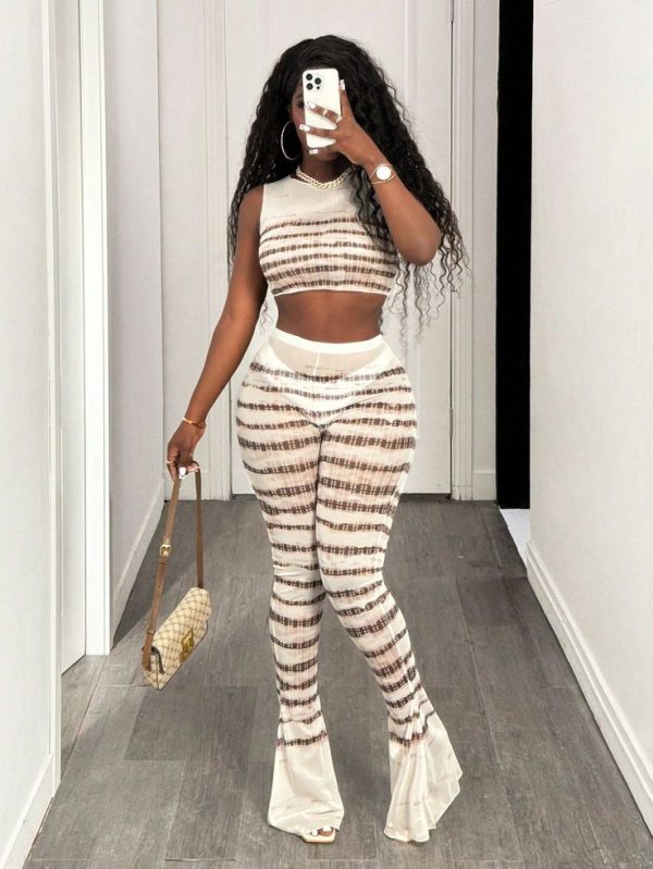 BamGleam 2pcs/Set Women's Semi-Sheer Striped Round Neck Cropped Tank Top And Shorts