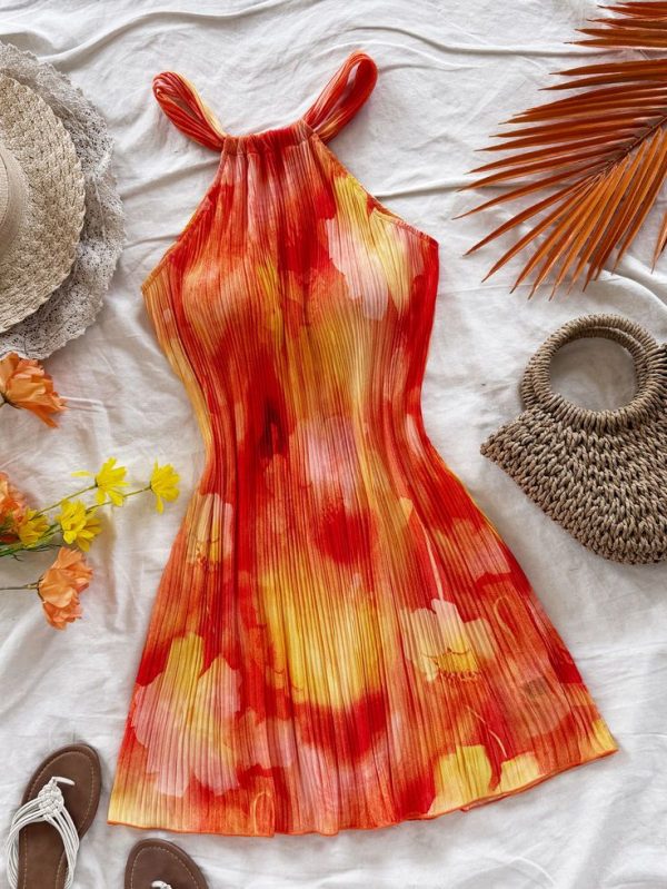 Soleia Women's Colorful Tie Dye Floral Print Pleated A-Line Loose Mini Dress