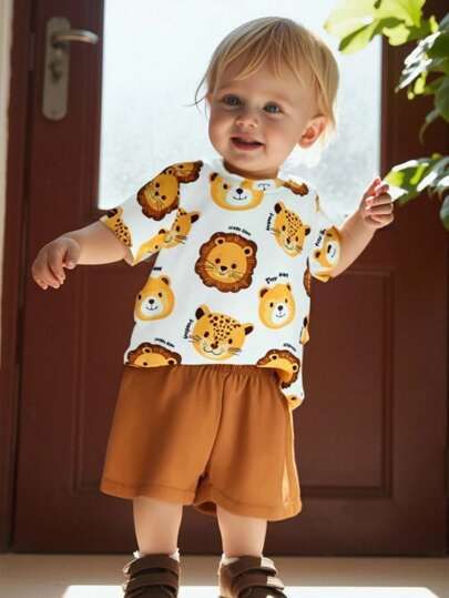 New Born Baby 2pcs/Set Cute Lion Print Short Sleeve T-Shirt And Shorts Outfits