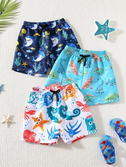SHEIN 3pcs/SetCute Cartoon Animal Print Pattern Shorts & Swimsuit Set