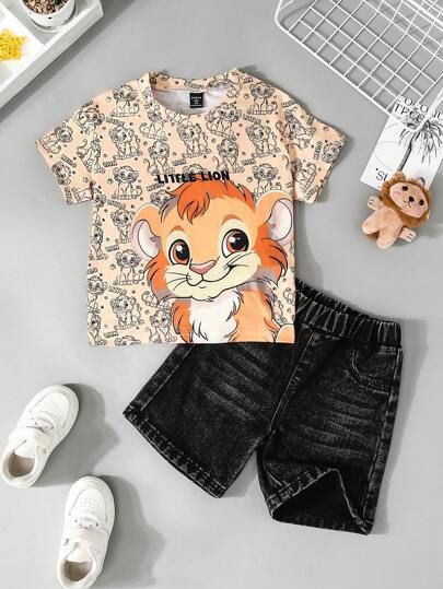 2 Pcs/Set Lion & Letter Print Round Neck Short Sleeve T-Shirt And Washed Black Denim Shorts Set