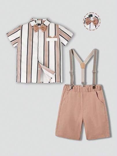 2pcs Young Boys' Casual Cute Striped Short Sleeve Top With Suspender Shorts Set