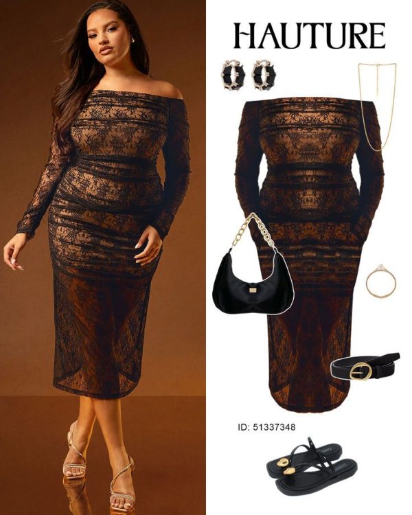 Hauture Plus Size Women's Black Lace Off-Shoulder Long Sleeve Simple Midi Dress