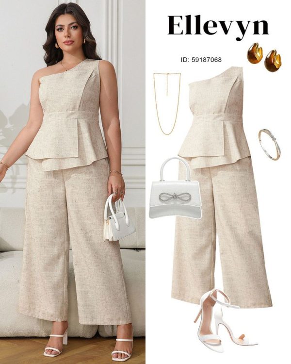 Ellevyn Plus Size Elegant Commute Asymmetric Top And Pants