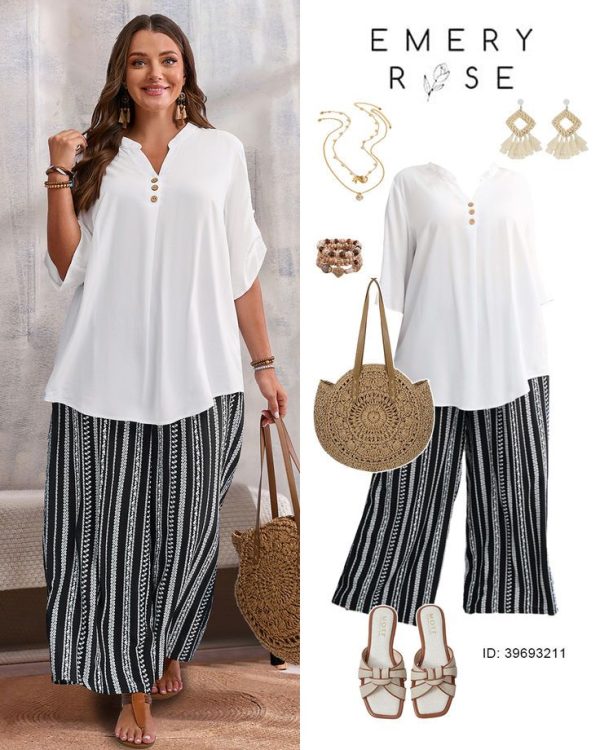 EMERY ROSE 2pcs Plus Size V-Neck Button Up Long Sleeve Top And Striped Loose Pants Set