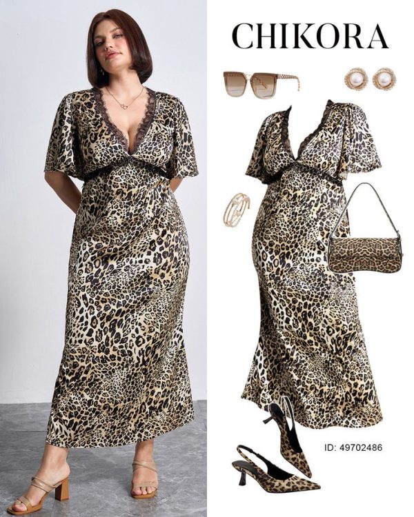 Chikora Plus Size Women Leopard Print Contrast Lace Short Sleeve Long Dress