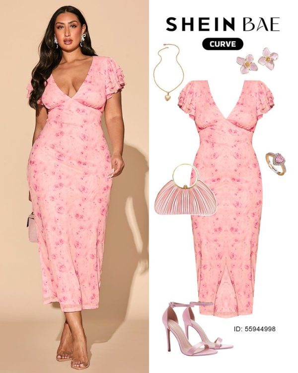 SHEIN BAE Plus Size Women Elegant Large Floral Mesh Print Bodycon V-Neck Dress