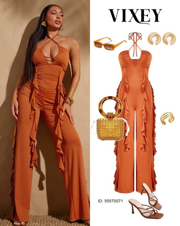Vixey Ruffle Cut Out Halter Cami Strap Wide Leg Jumpsuit