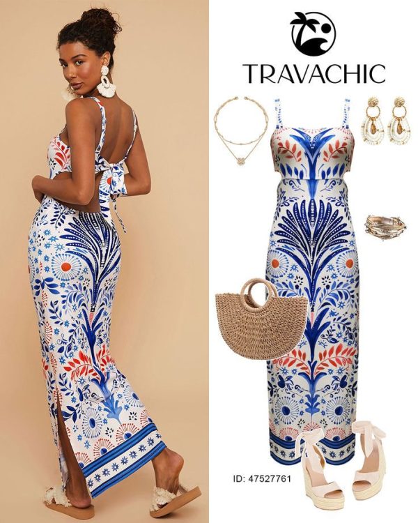 Travachic Knitted Printed Spaghetti Strap Waist Cutout Bodycon Dress