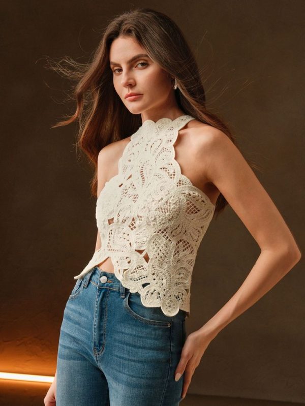 Anewsta Sexy Elegant Halter Paisley Flower Asymmetrical Hem Knitted Tank Top