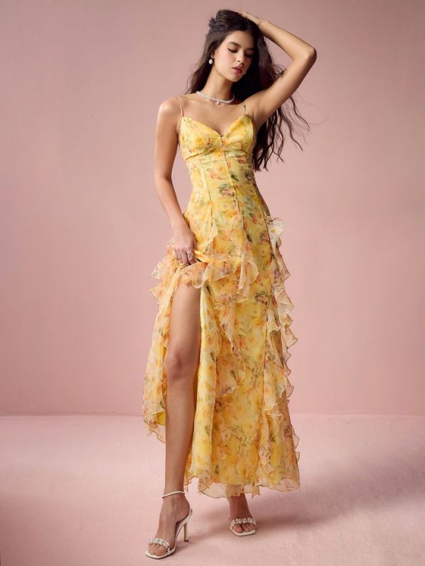 Enchnt Spring And Summer Romantic Women's Yellow Floral Print Spaghetti Strap Organza Slit Dress