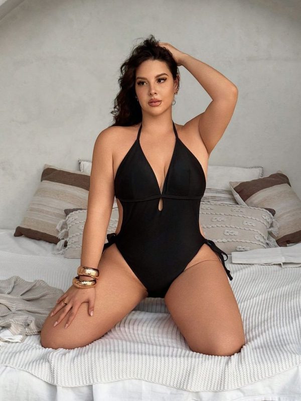 SHEIN Swim Curve Plus Size Sexy Black Solid Color Deep V-Neck One-Piece Swimsuit