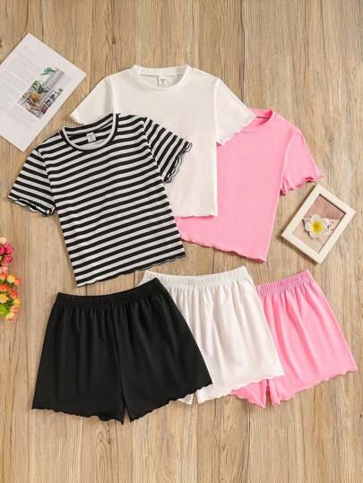 2pcs/Set Tween Girls Striped Black & White Short Sleeve Top And Shorts