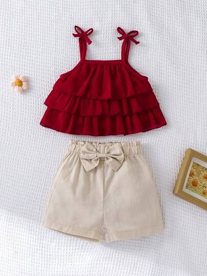 Baby Girl Solid Color Layered Ruffle Trim Camisole Top And Shorts 2 Pieces Set