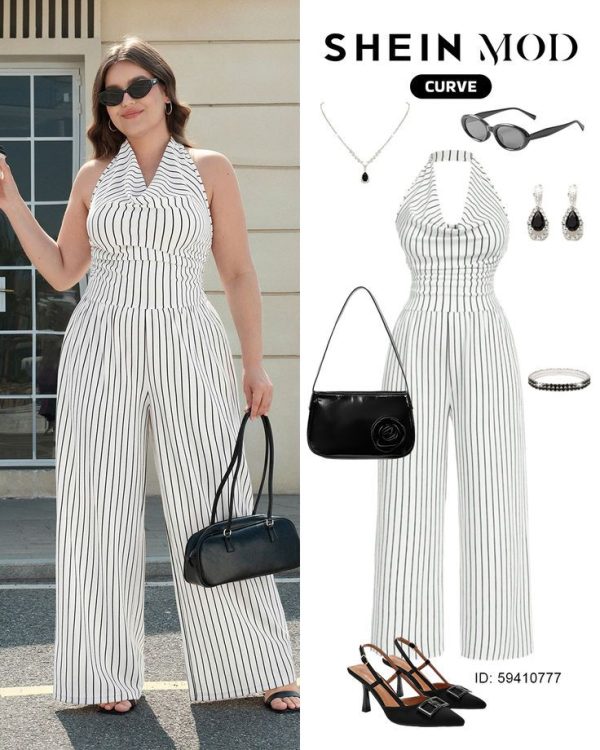 SHEIN MOD Plus Size Draped Neck Sleeveless Jumpsuit, Elegant Long Straight-Leg Pants