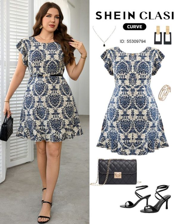 SHEIN Clasi Plus Size Elegant Retro Print Cap Sleeve Dress