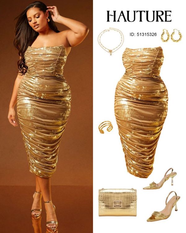 Hauture Women Clothes, Plus Size Gold Metallic Ruched Strapless Midi Dress
