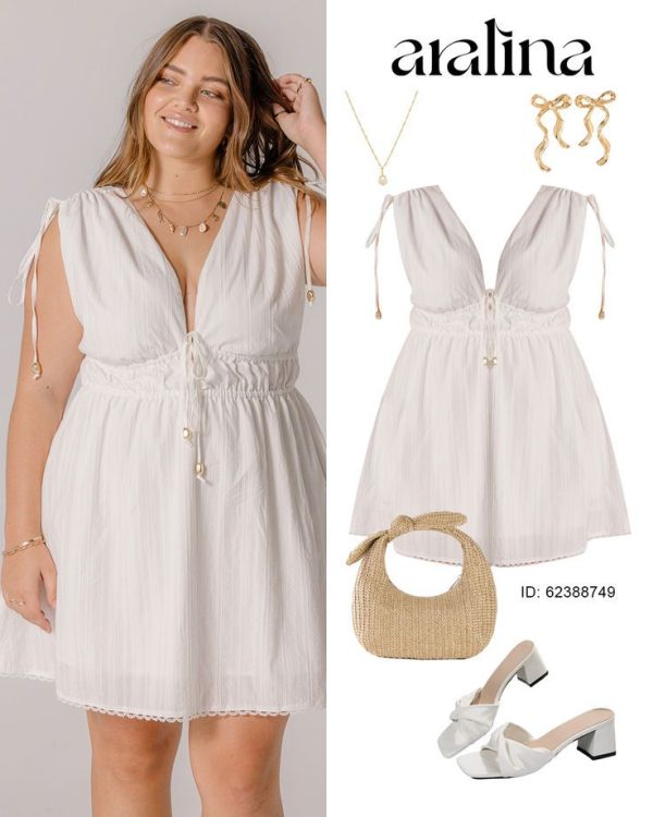 Aralina Curve Textured Boho Lace Trim Tie Shoulder Flowy Beach Cover Up Sundress