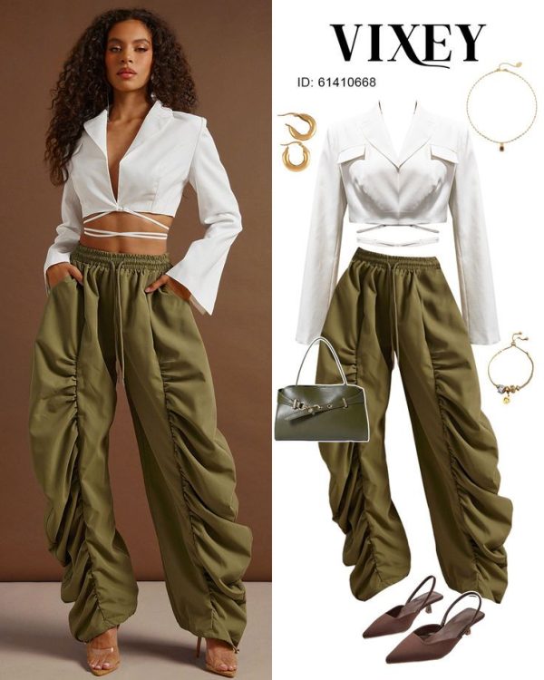 Vixey Ruched Wide Leg Drawstring Waist Woven Casual Office Pants