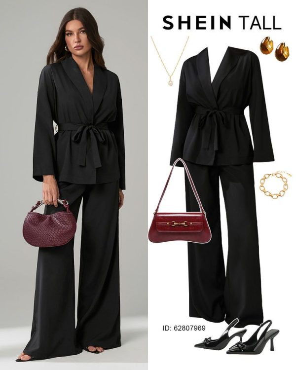 SHEIN Tall 2pcs Women Casual Solid Color Long Sleeve Tie-Front Shirt And Trousers Set