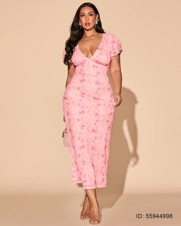 SHEIN BAE Plus Size Women Elegant Large Floral Mesh Print Bodycon V-Neck Dress