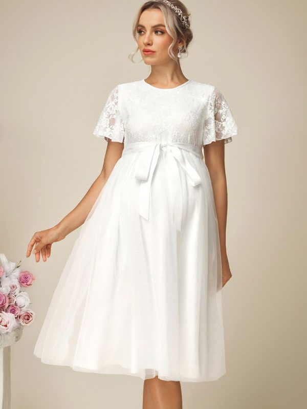 SHEIN Pregnant Women's Solid Color Round Neck Lace Splice Short Sleeve  Wedding Dress