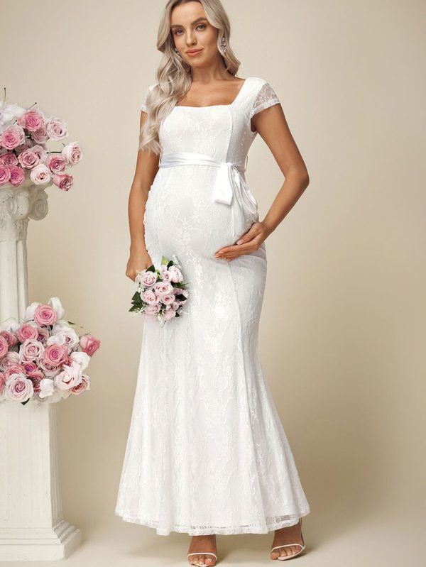 SHEIN Maternity Square Neck Lace Trim Fishtail Hem Elegant Wedding Dresses