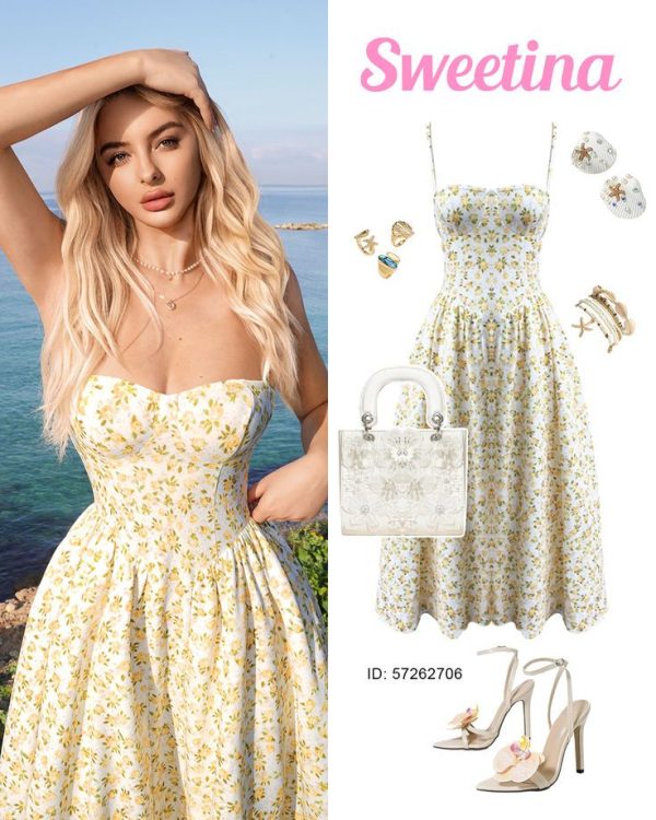 Sweetina Yellow Vacation Casual Ditsy Floral Spaghetti Strap Flowy Sundress Dress