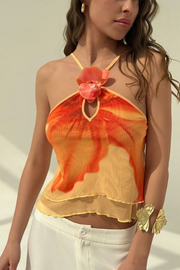 Aloruh Women's Fashion 3D Flower Decor Halter Neck Top