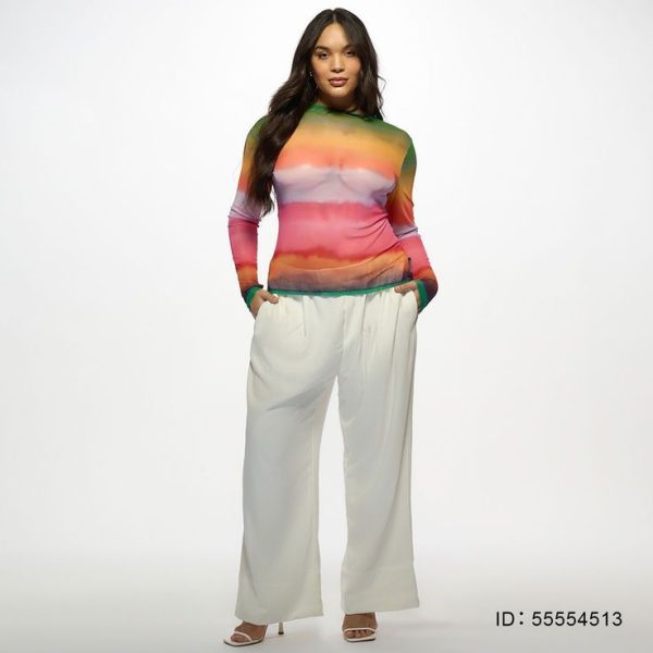 MISSGUIDED PLUS Plus Round Neck Long Sleeve Color Stripe Mesh Top