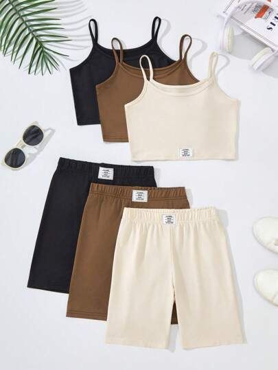 6pcs/Set Girls' Casual Versatile Tank Top & Cycling Shorts Set