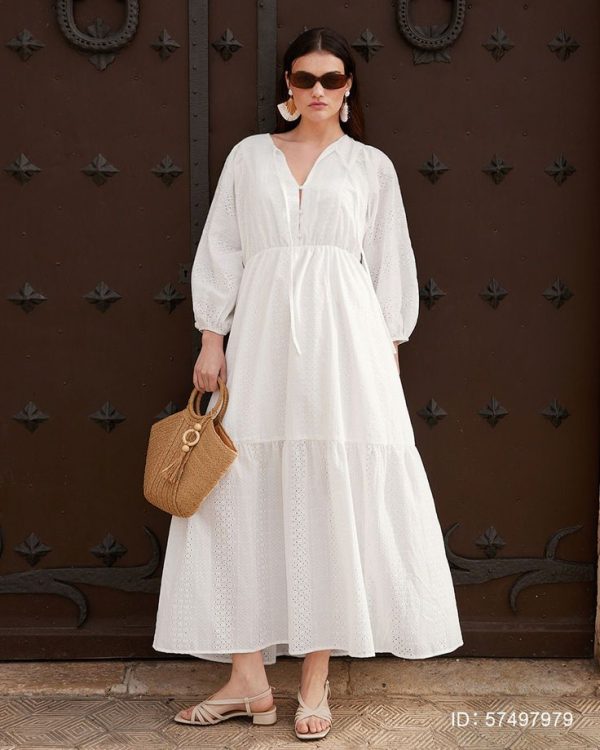 Maija Plus Size Women Bohemian Embroidered Long Sleeve Crew Neck Maxi Dresses