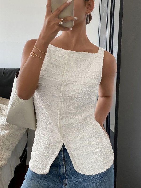 Siren Gaze Women Square Collar Open Placket Buttons Sleeveless Elegant Blouse