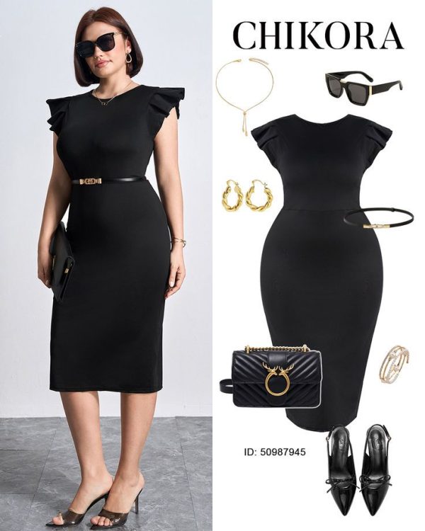 Chikora Curvy Plus Size Women's Sleeveless Black Solid Color Simple Casual Dress