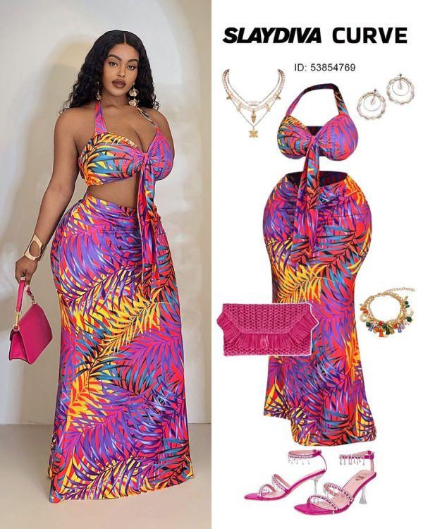 Slaydiva 2025 New Vacation Beach Tropical Plant Print Two-Piece Set