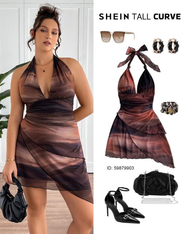 SHEIN Tall CURVE Plus Size Sexy Vintage Ombre Halter V-Neck Mini Dress