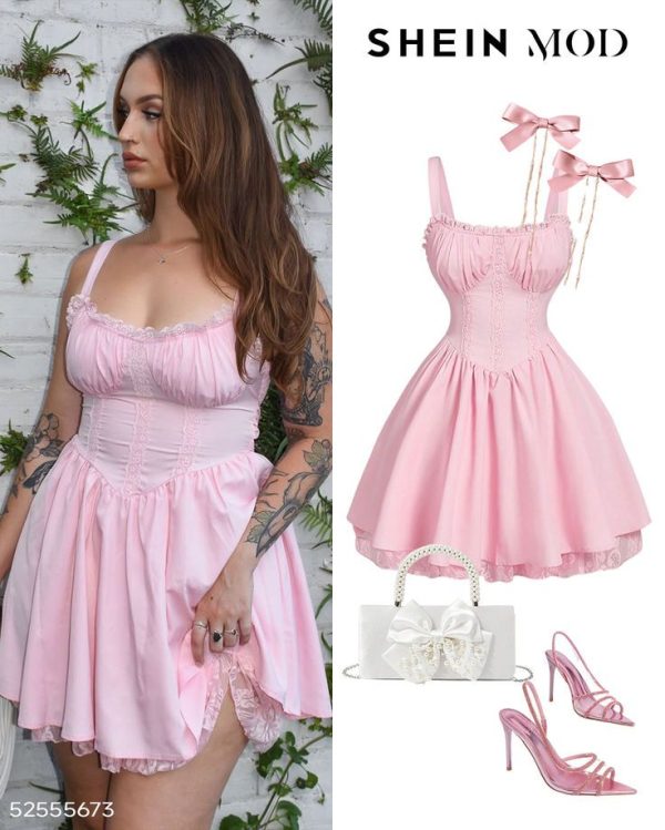SHEIN MOD Women's Pink Cute Bow Tie Strap Lace Trim Slip Dress