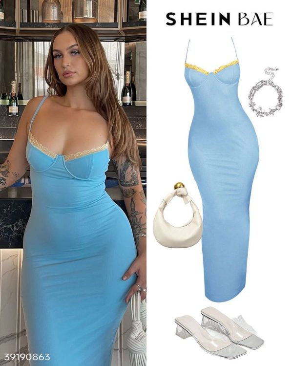 SHEIN BAE Women's Solid Color Extra-Long Bust Contrast Color Tight-Fitting Mesh Graduate Dress