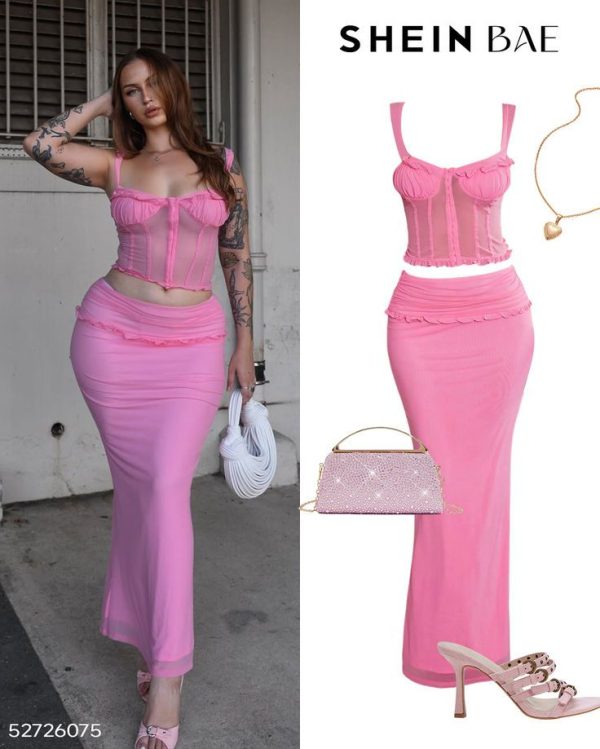 SHEIN BAE Women's Sling Bra Sexy Sheer Ruffle Hem Cami Top & Midi Ruffle Hem Skirt Set