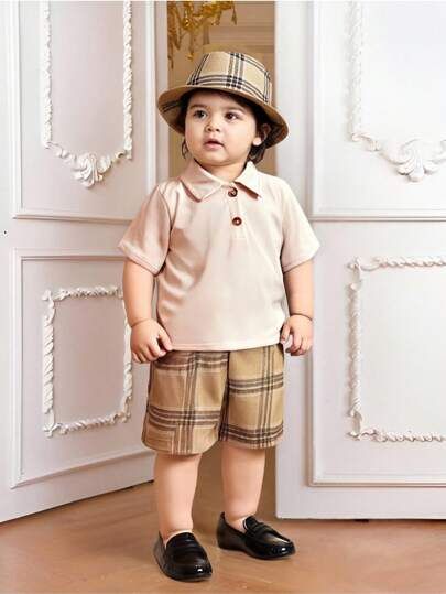 3pcs Baby Boy Apricot Polo Shirt With Plaid Shorts And Hat Set