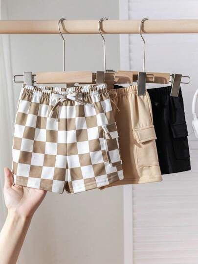SHEIN 3pcs Baby Boy/Girl Checkered Pattern Solid Color Elastic Waist Casual Shorts Set