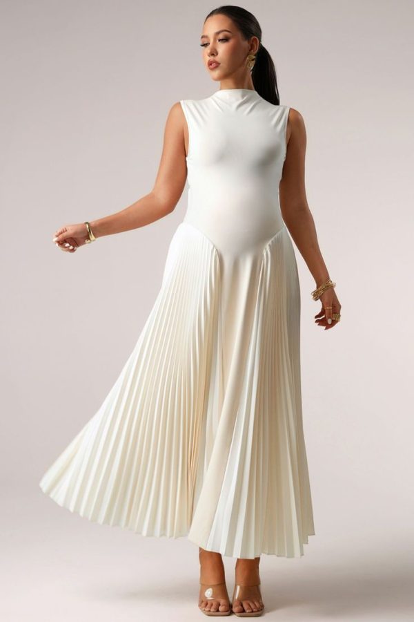MaterniChic Pregnant Women Solid Collar Pleated Hem Sleeveless Casual Dress