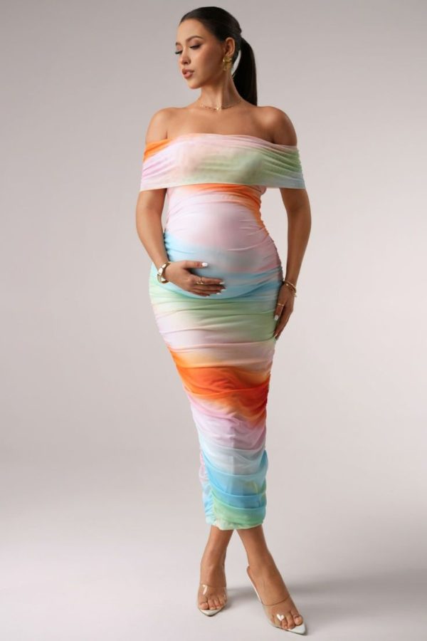 MaterniChic Pregnant Women Elegant Ombre Net Mesh Off Shoulder Ruched Fitted Dress