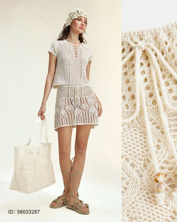 Arave Women's 2pcs/Set Women Casual Hollow Pearl Decor Lace-Up Sweater
