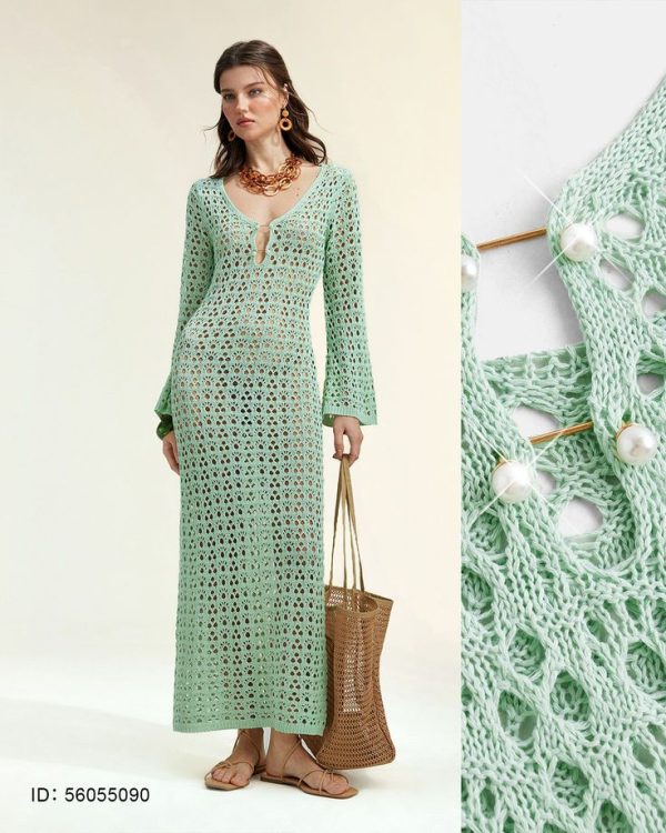 Arave Women's Vacation  Backless Lace-Up Pearl Decor Knit Maxi Dress