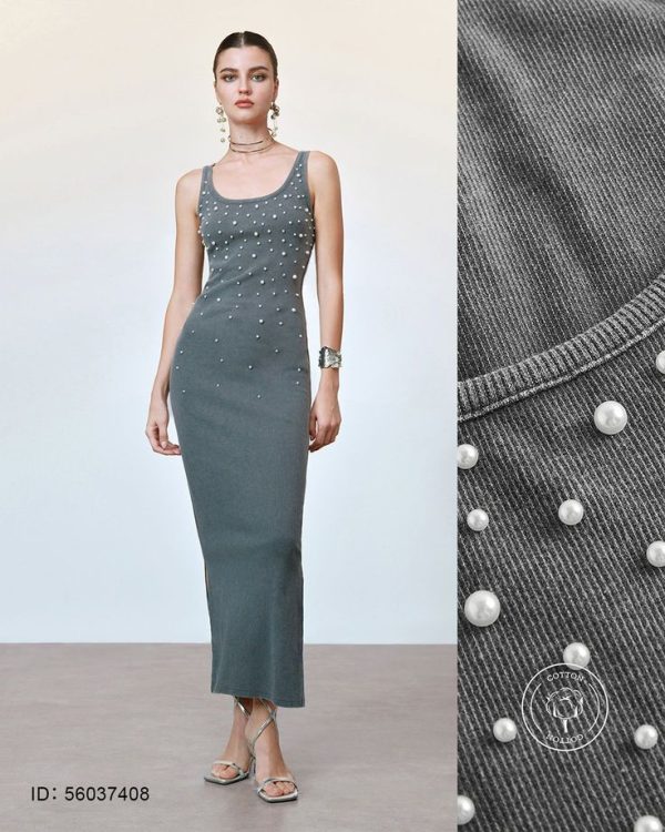 Arave Women's Sand Washed Elegant Pearl Decor Cotton Fabric Slim Fit Bodycon Tank Maxi Dress