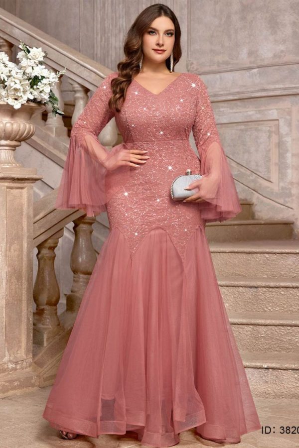 Plus Size V-Neck Floral Lace Sequin Insert Contrast Mesh Long Sleeve Mermaid Hem Evening Party Dress