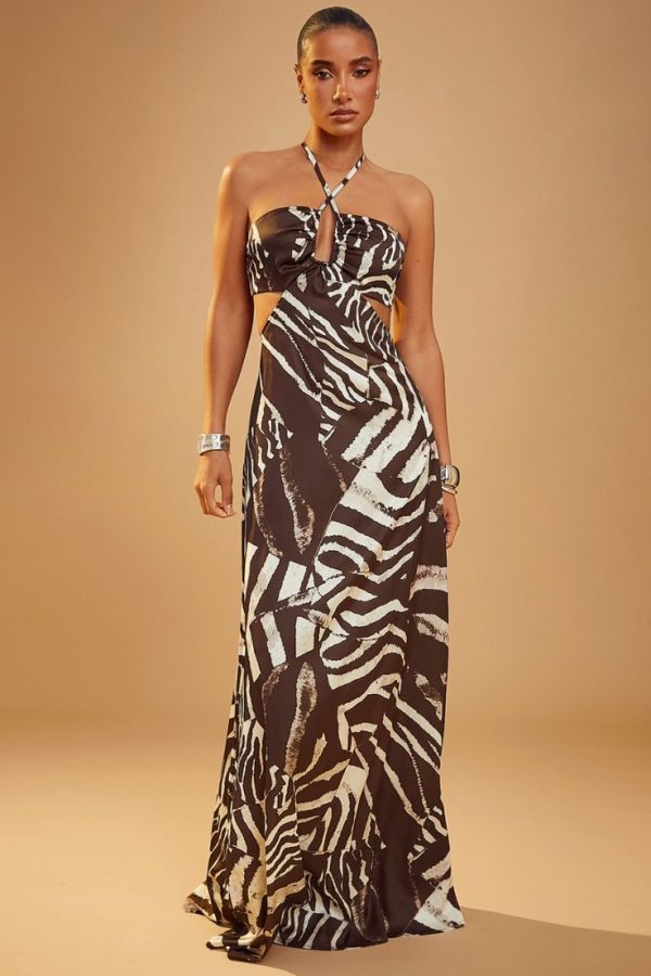 Hauture Front Cut Out Cross Over Halter Open Back Dress